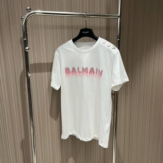 Balmain巴尔曼新款烫钻重影字母t恤 经典肩扣设计装饰精致重工 时尚休闲 显瘦百搭 黑白粉 Sml